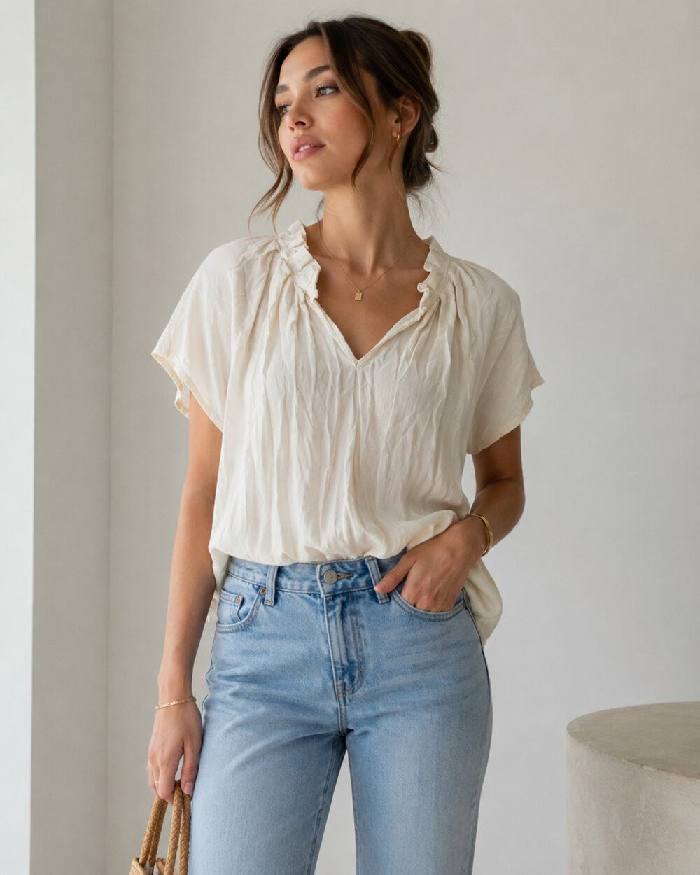 Amour Vert Cream Silk Blouse Ruffled Womens S Quiet Luxury Coquette Girly Casual